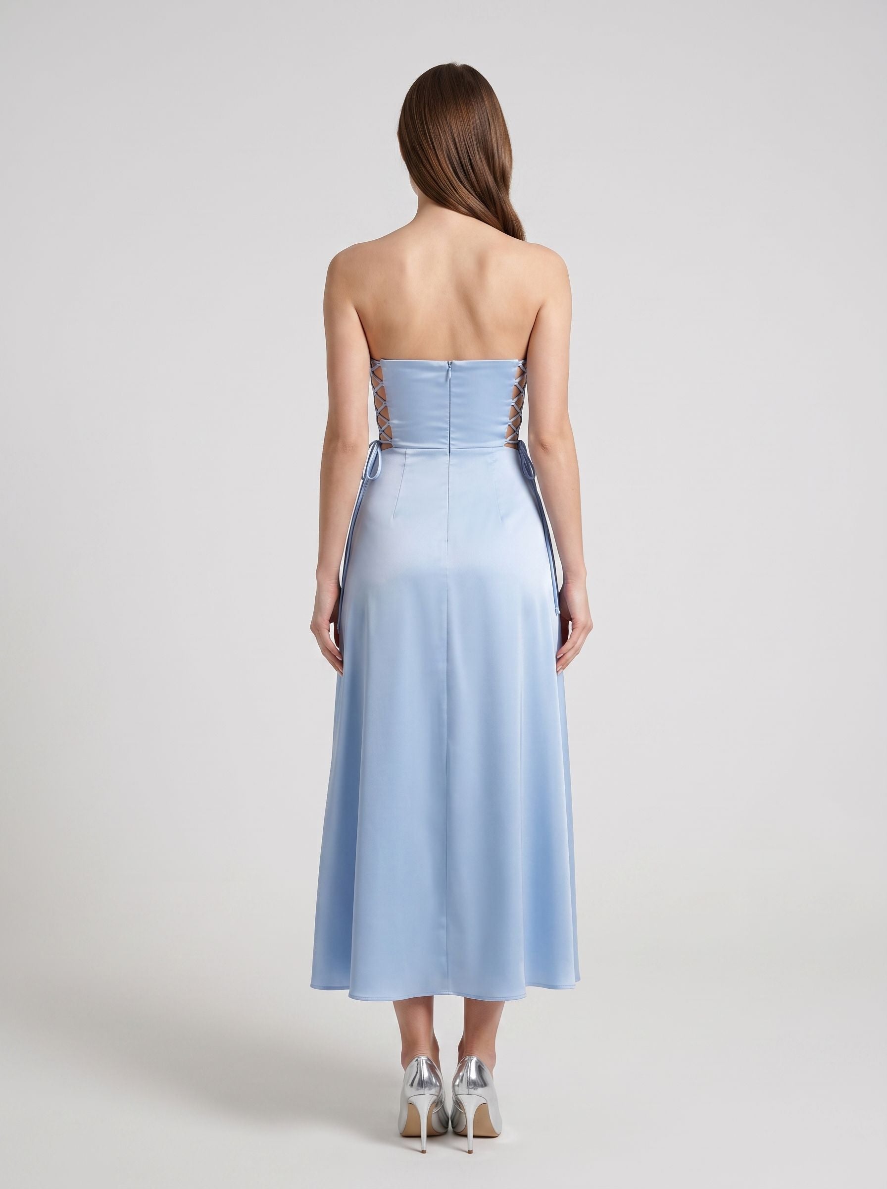 Sky Blue Satin A-Line Straight Neck Back Zip Floor-Length Dress with Side Tie-Up Detail