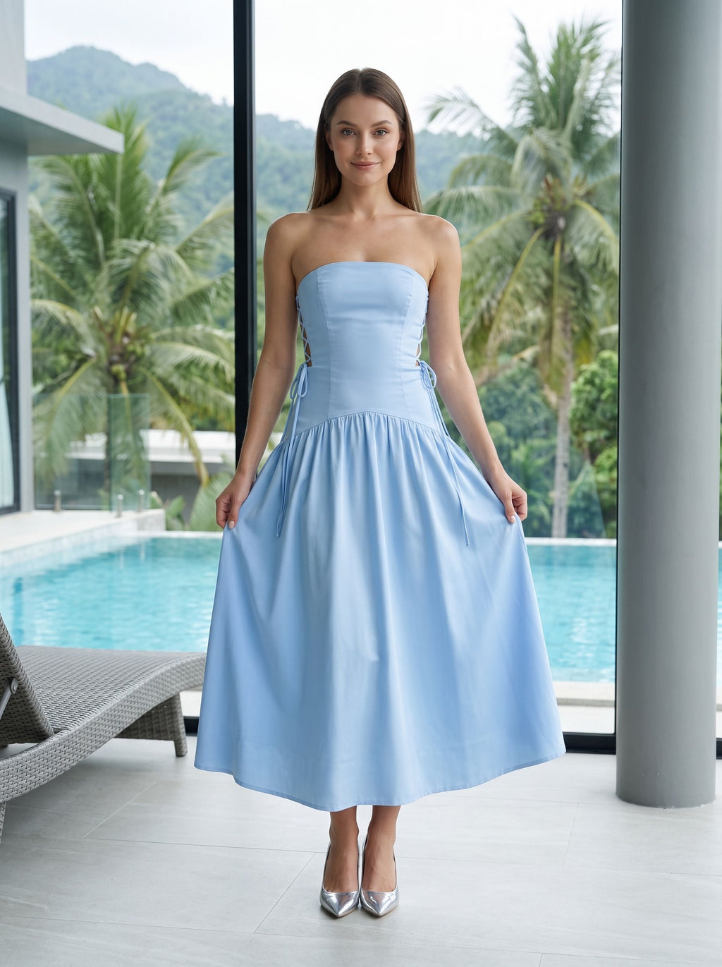 Sky Blue Satin A-Line Straight Neck Back Zip Floor-Length Dress with Side Tie-Up Detail