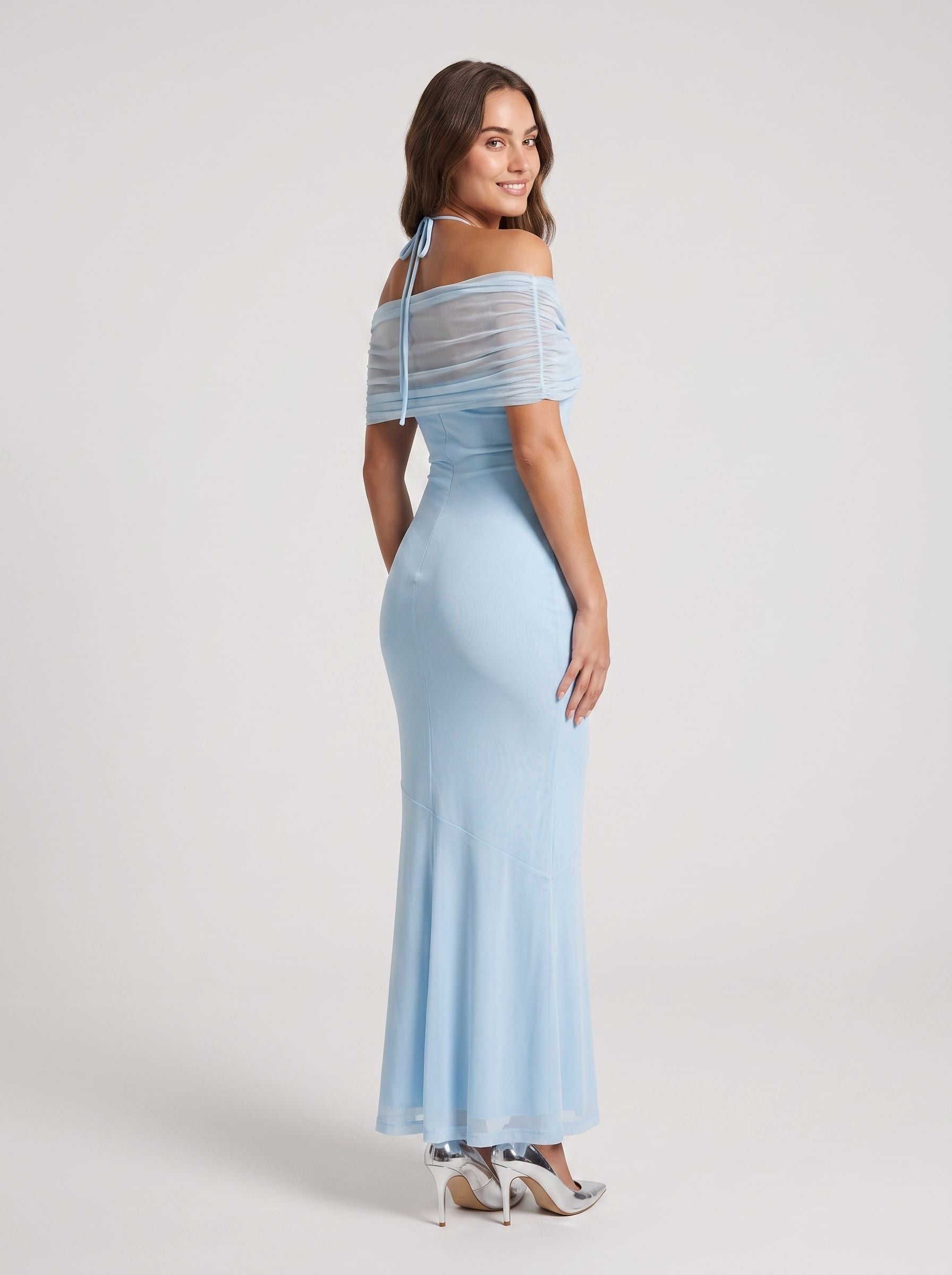 Sky Blue Stretch Mesh Sheath Halter neckline Floor-Length Dress