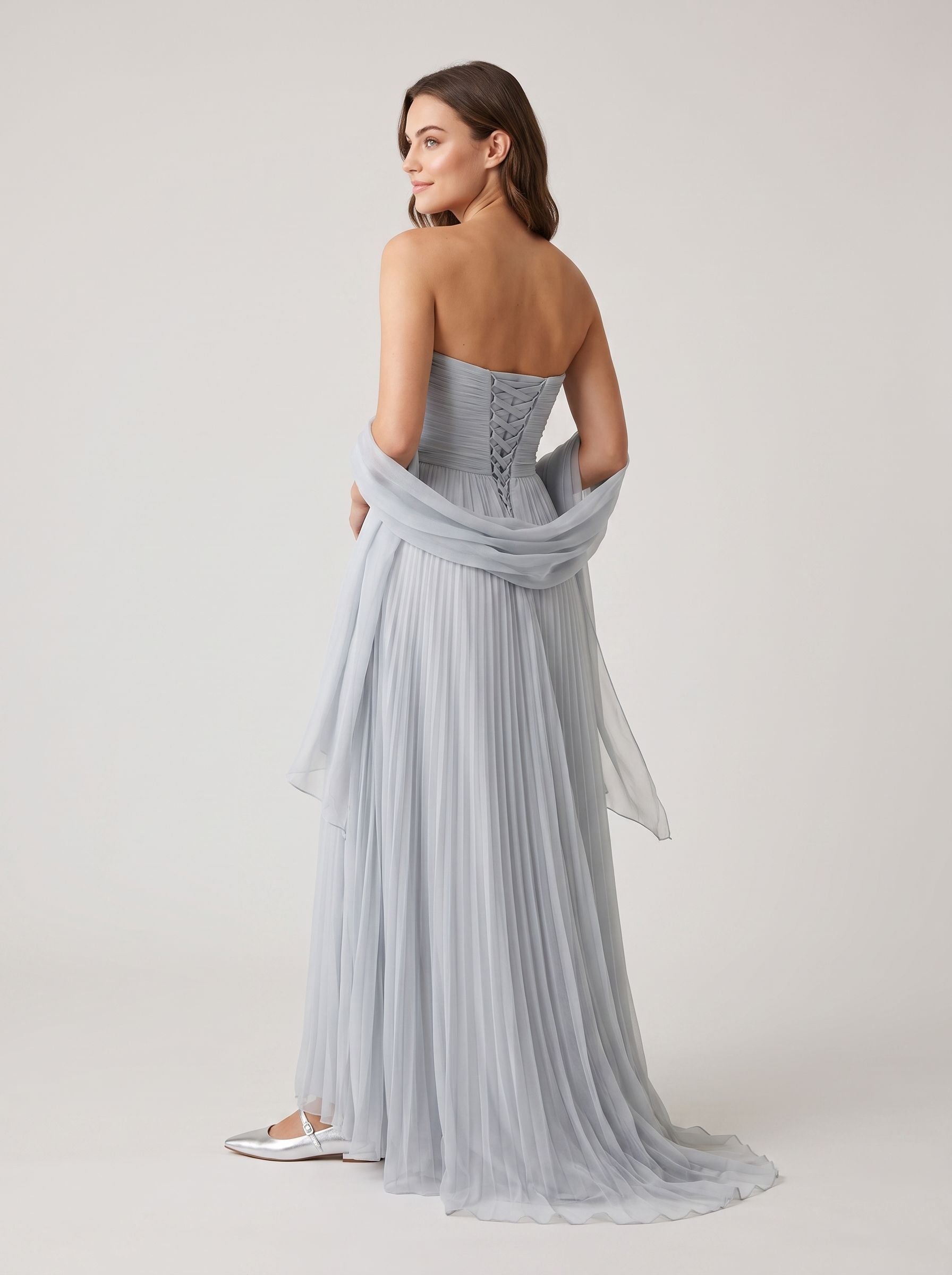 Dusty Blue Tulle A-Line Straight Neck Lace-up Floor-Length Dress with Pleated Bodice