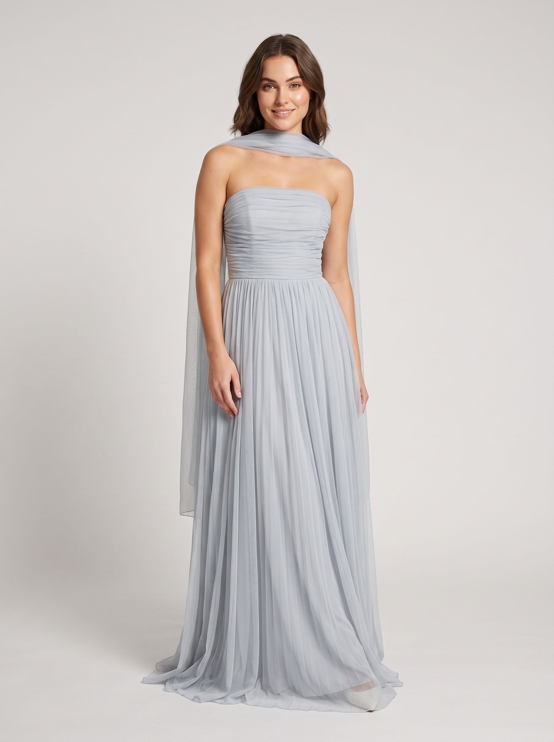 Dusty Blue Tulle A-Line Straight Neck Lace-up Floor-Length Dress with Pleated Bodice