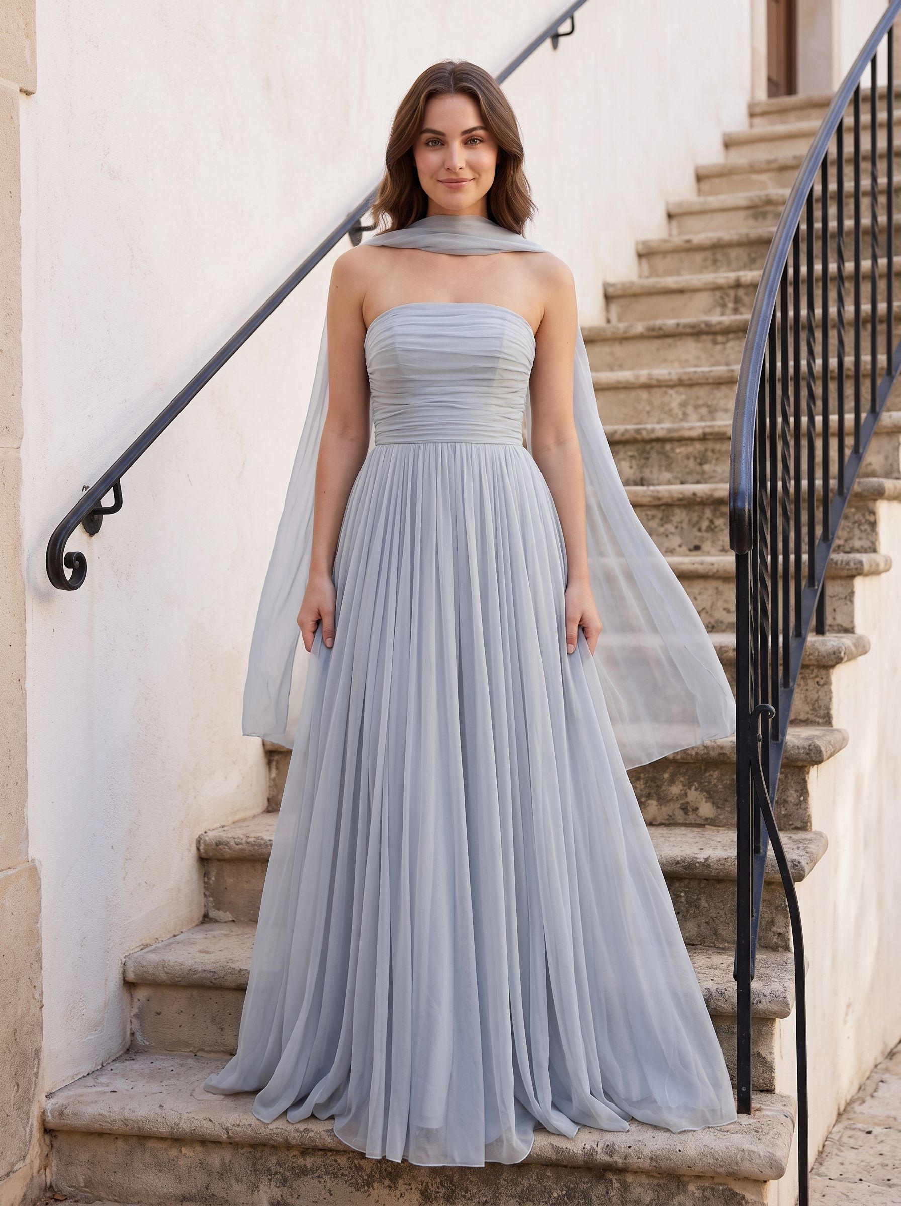 Dusty Blue Tulle A-Line Straight Neck Lace-up Floor-Length Dress with Pleated Bodice