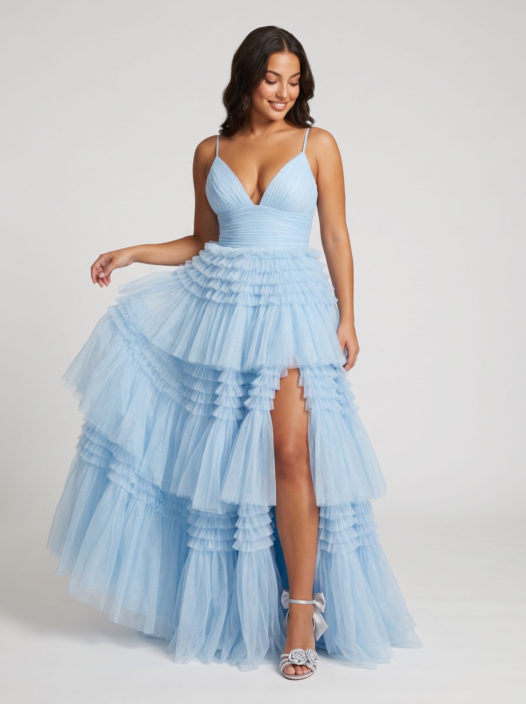 Sky Blue Tulle A-Line V-Neck Back Zip Floor-Length Dress with Tiered Skirt and Slit
