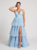 Sky Blue Tulle A-Line V-Neck Back Zip Floor-Length Dress with Tiered Skirt and Slit