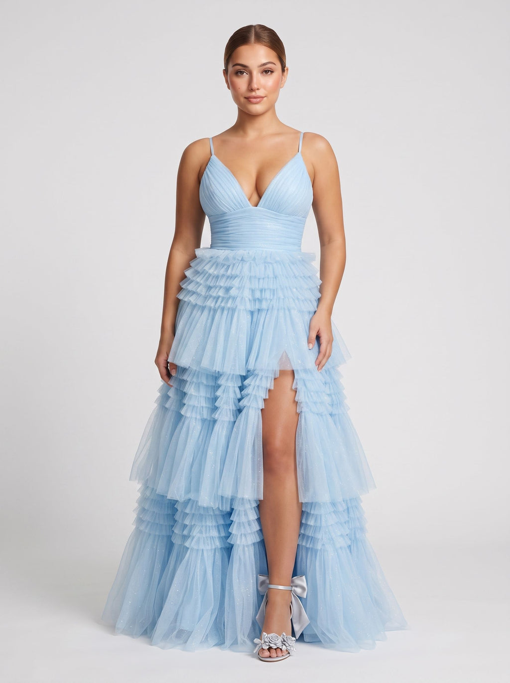 Sky Blue Tulle A-Line V-Neck Back Zip Floor-Length Dress with Tiered Skirt and Slit