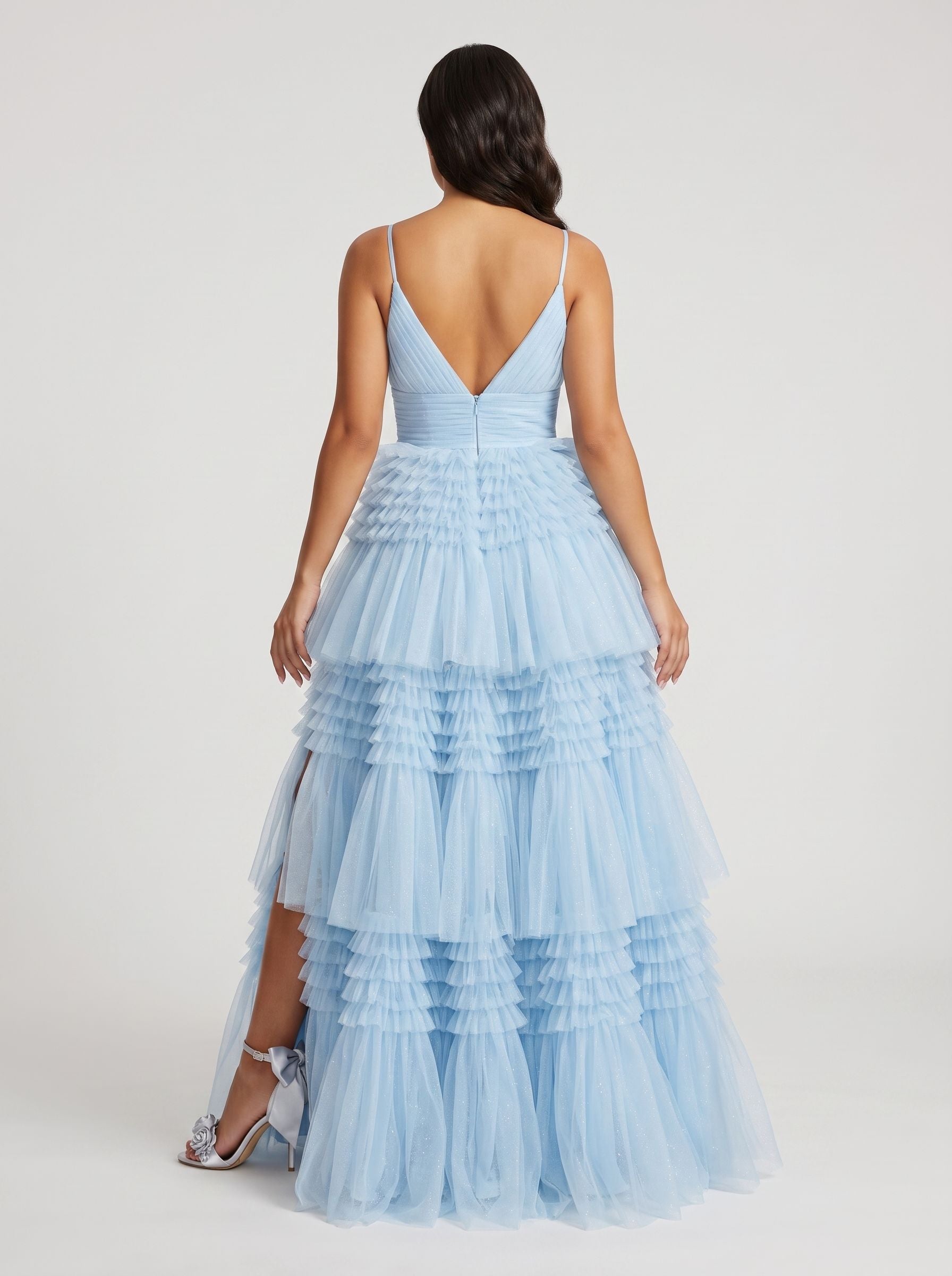 Sky Blue Tulle A-Line V-Neck Back Zip Floor-Length Dress with Tiered Skirt and Slit