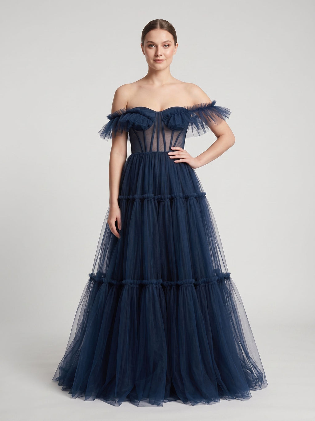 Navy Blue Tulle A-Line Sweetheart Lace-up Floor-Length Dress with Tiered Tulle Skirt