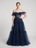 Navy Blue Tulle A-Line Sweetheart Lace-up Floor-Length Dress with Tiered Tulle Skirt