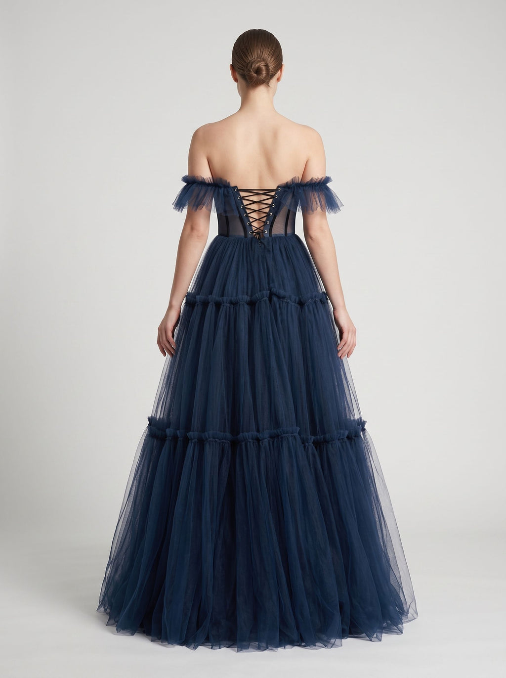 Navy Blue Tulle A-Line Sweetheart Lace-up Floor-Length Dress with Tiered Tulle Skirt