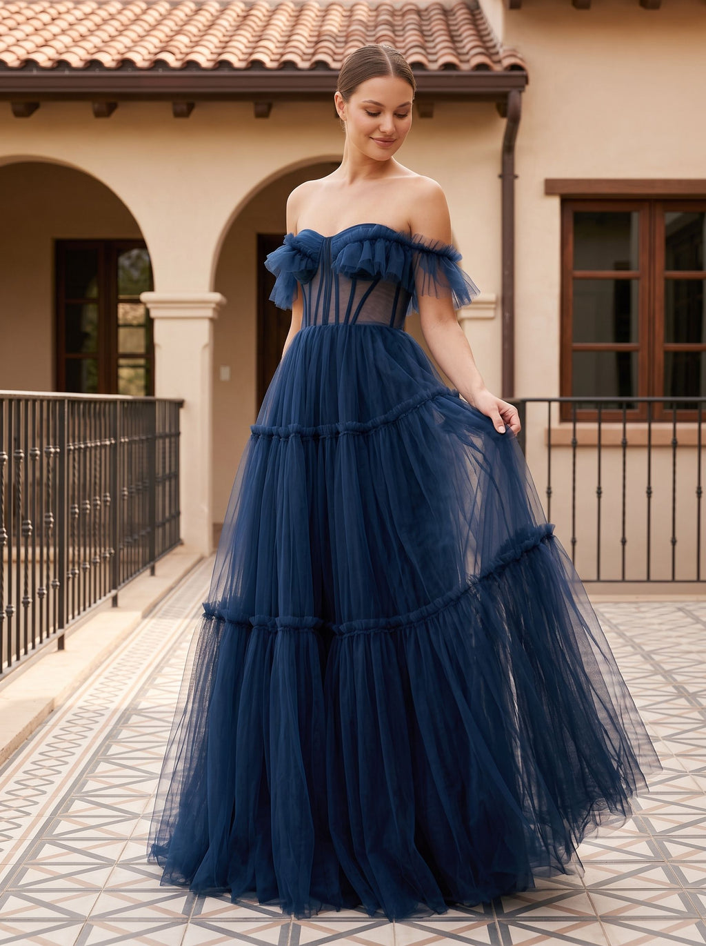 Navy Blue Tulle A-Line Sweetheart Lace-up Floor-Length Dress with Tiered Tulle Skirt