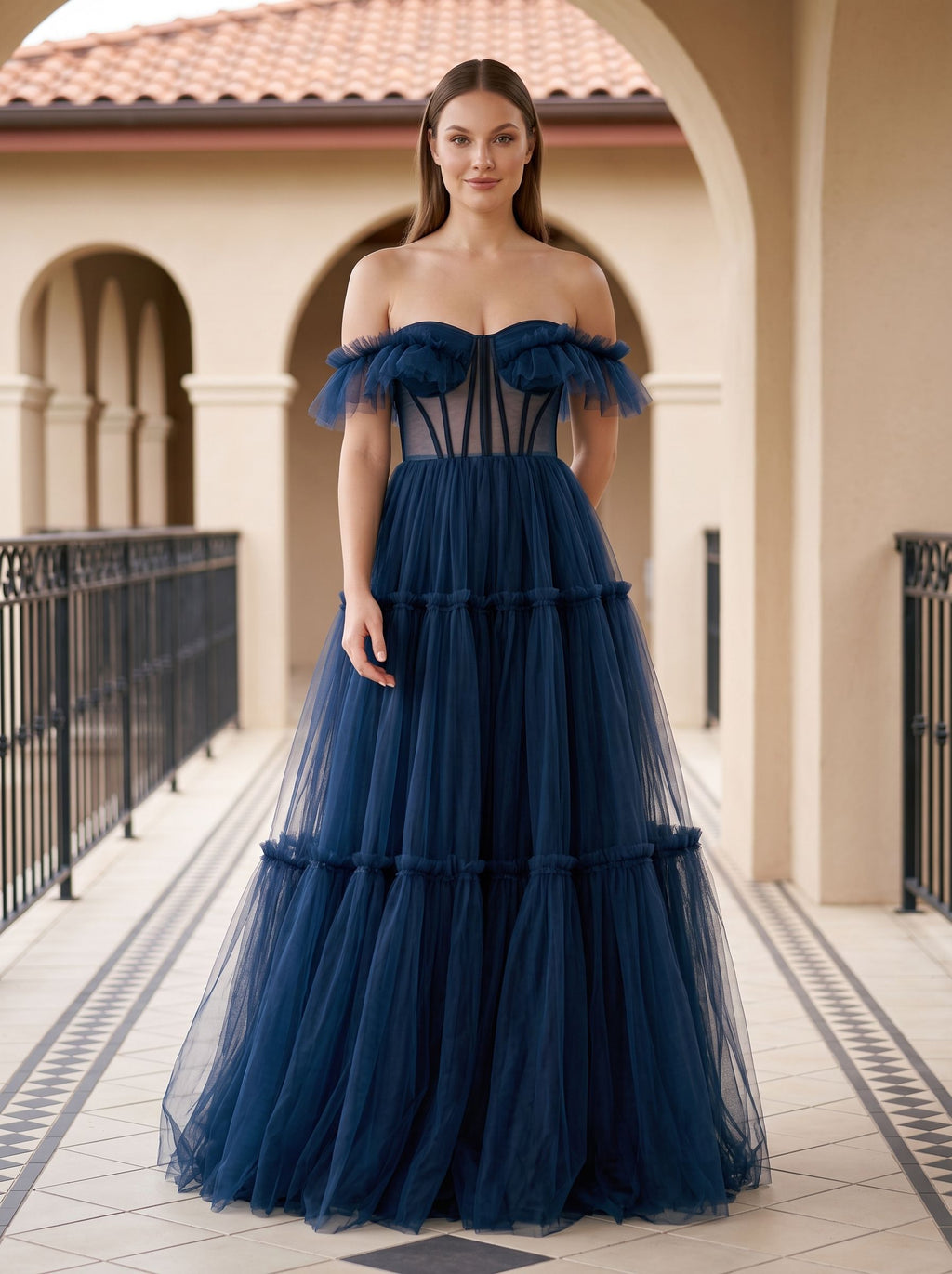 Navy Blue Tulle A-Line Sweetheart Lace-up Floor-Length Dress with Tiered Tulle Skirt
