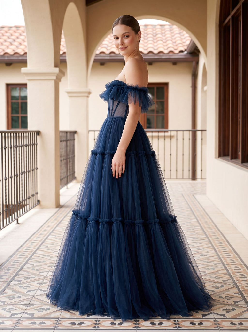 Navy Blue Tulle A-Line Sweetheart Lace-up Floor-Length Dress with Tiered Tulle Skirt