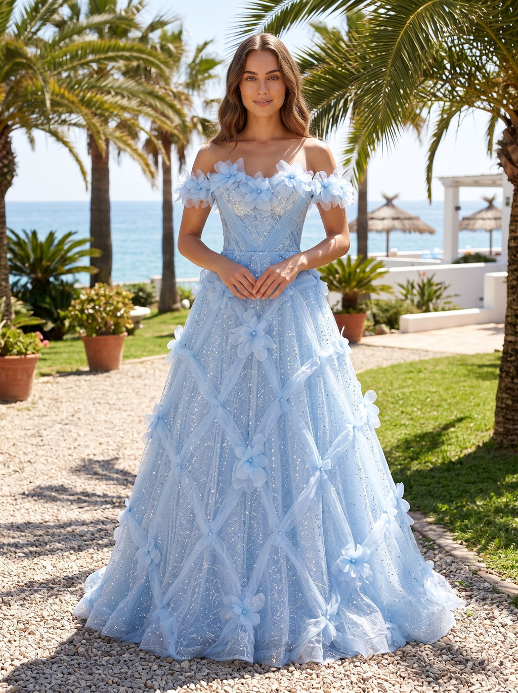 Mist Tulle A-Line Off-the-Shoulder Lace-up Floor-Length Dress with 3D Floral Appliques