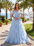 Mist Tulle A-Line Off-the-Shoulder Lace-up Floor-Length Dress with 3D Floral Appliques