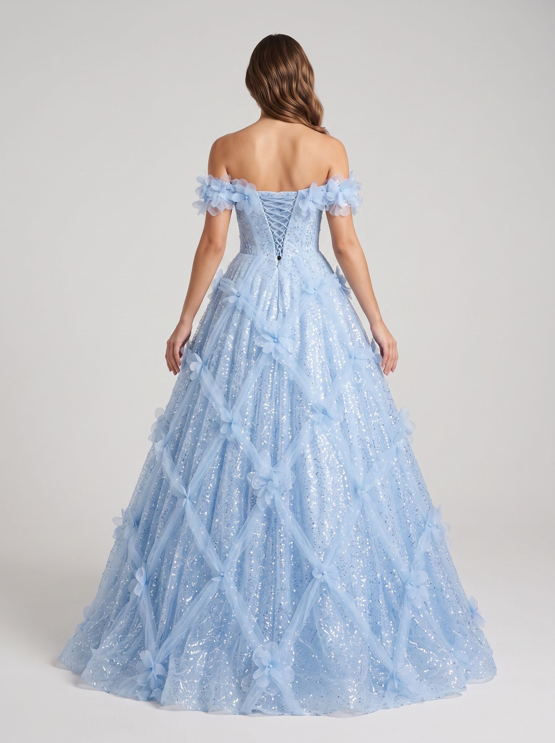 Mist Tulle A-Line Off-the-Shoulder Lace-up Floor-Length Dress with 3D Floral Appliques