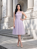 Lilac Tulle & Lace A-Line Scoop Neck Back Zip Knee-Length Dress with Lace Applique