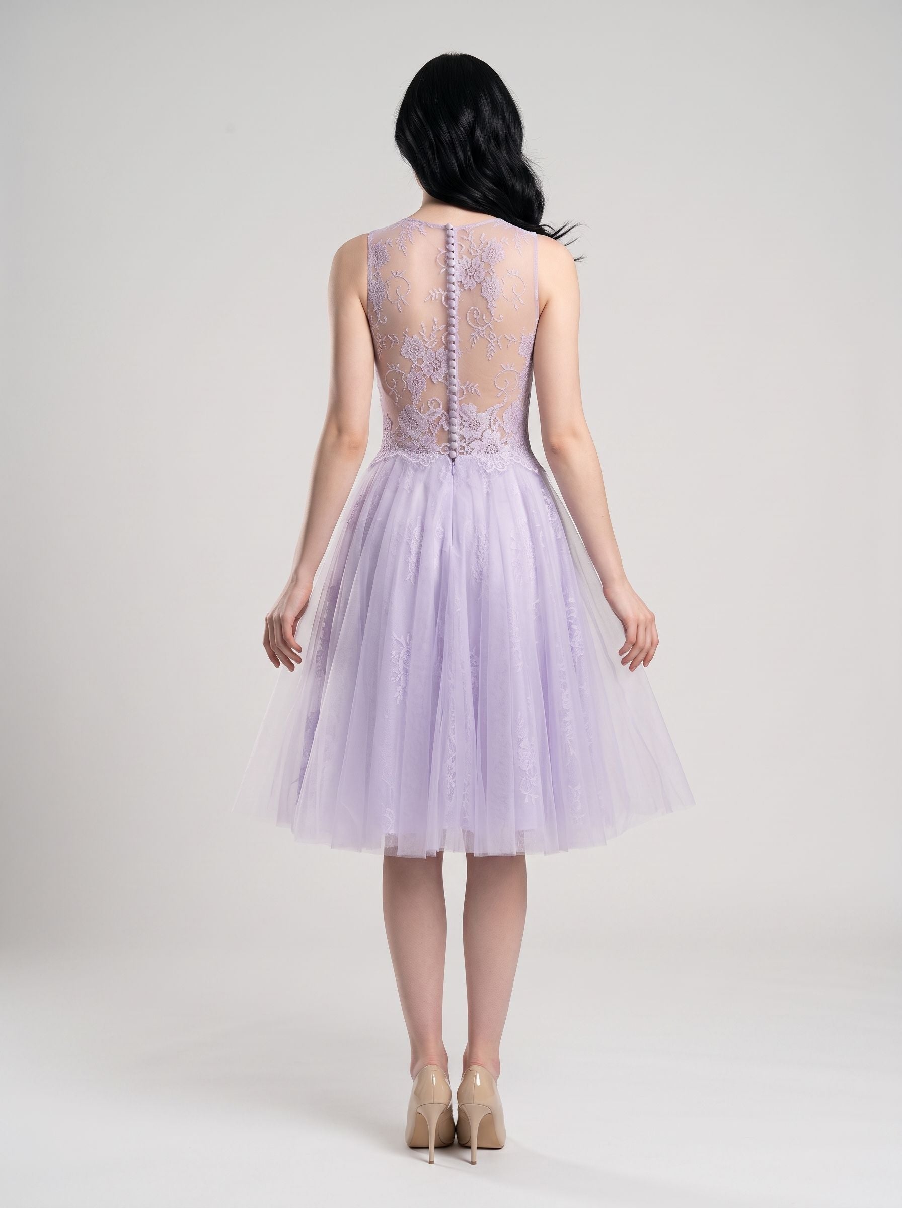 Lilac Tulle & Lace A-Line Scoop Neck Back Zip Knee-Length Dress with Lace Applique