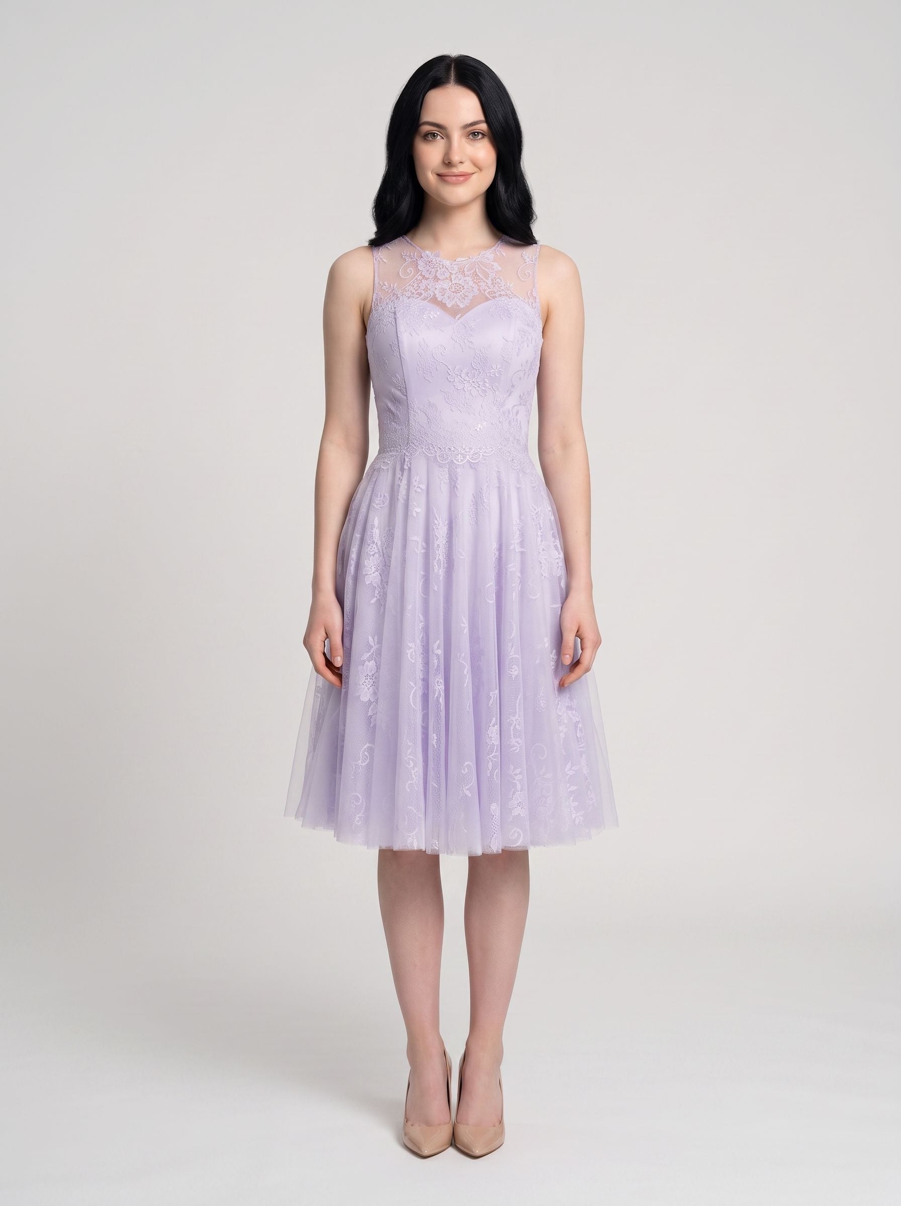Lilac Tulle & Lace A-Line Scoop Neck Back Zip Knee-Length Dress with Lace Applique