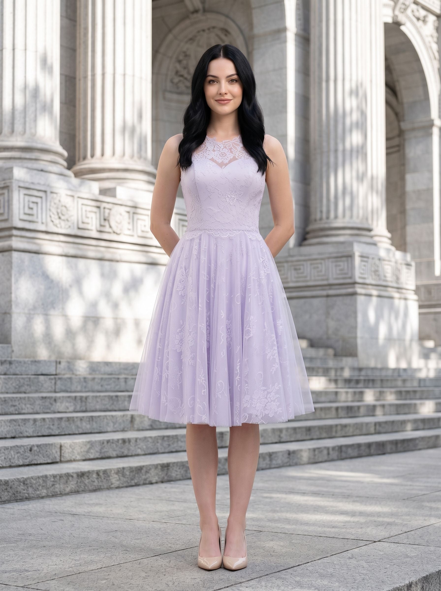 Lilac Tulle & Lace A-Line Scoop Neck Back Zip Knee-Length Dress with Lace Applique