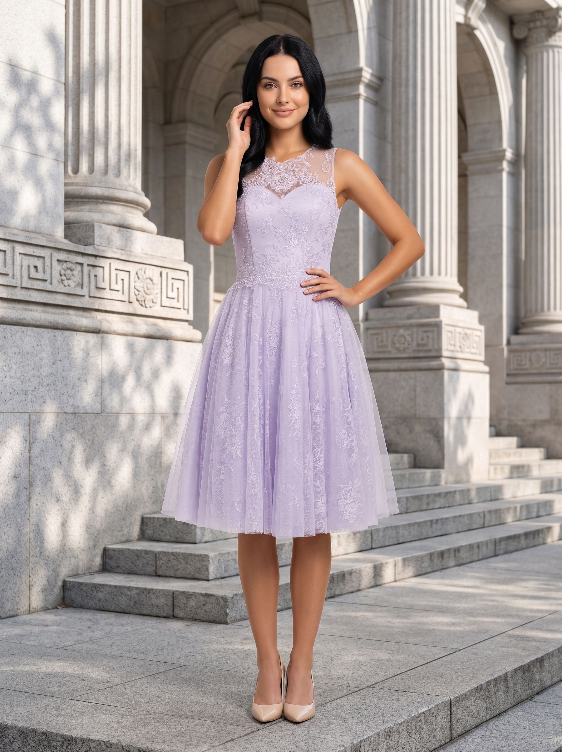 Lilac Tulle & Lace A-Line Scoop Neck Back Zip Knee-Length Dress with Lace Applique