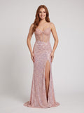 Pink Sequins Sheath V-Neck Corset Back Floor-Length Dress with Sheer Bodice and Slit