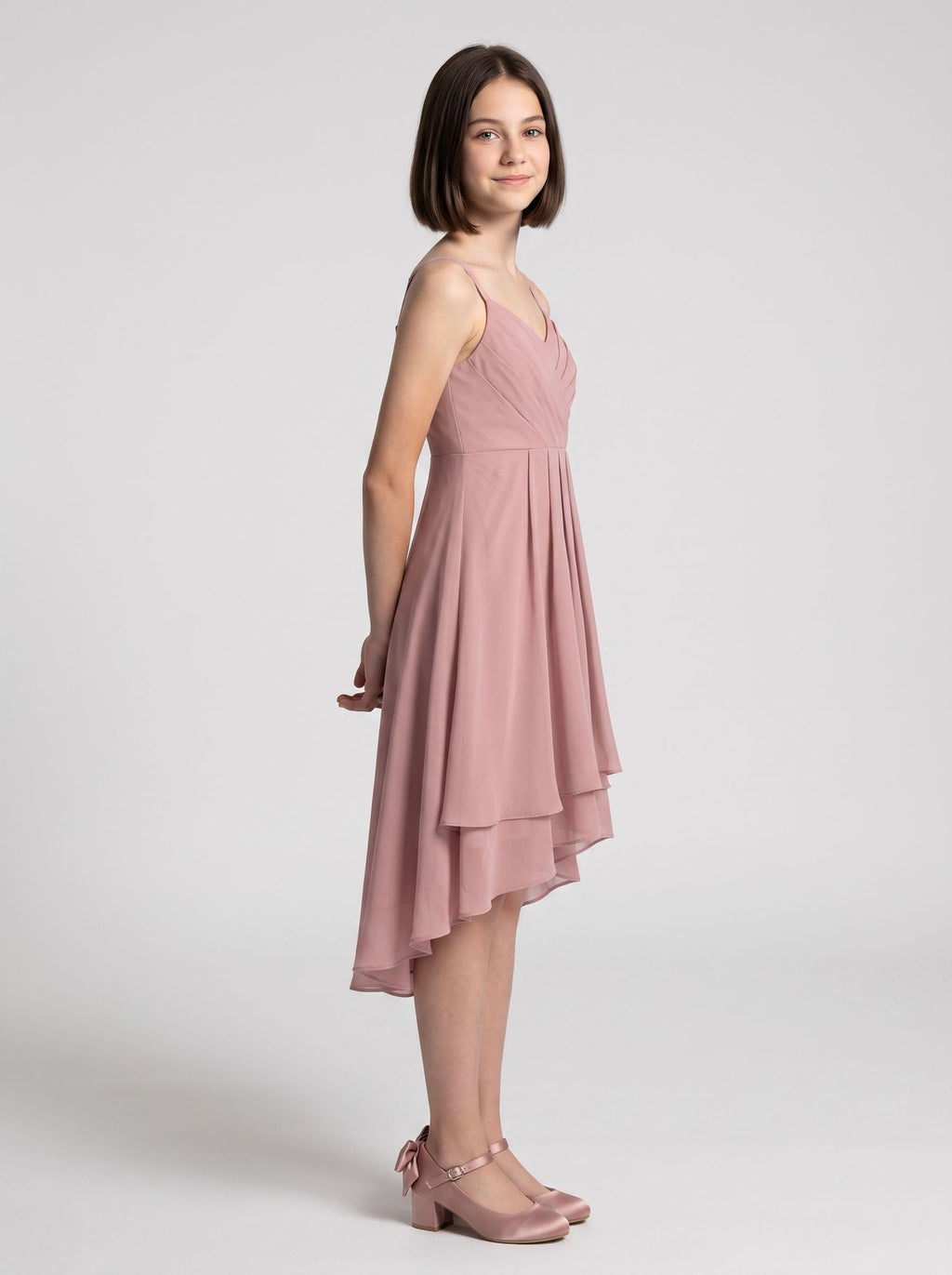 Dusty Rose Chiffon A-Line V-Neck Back Zip Floor-Length Dress with Pleating