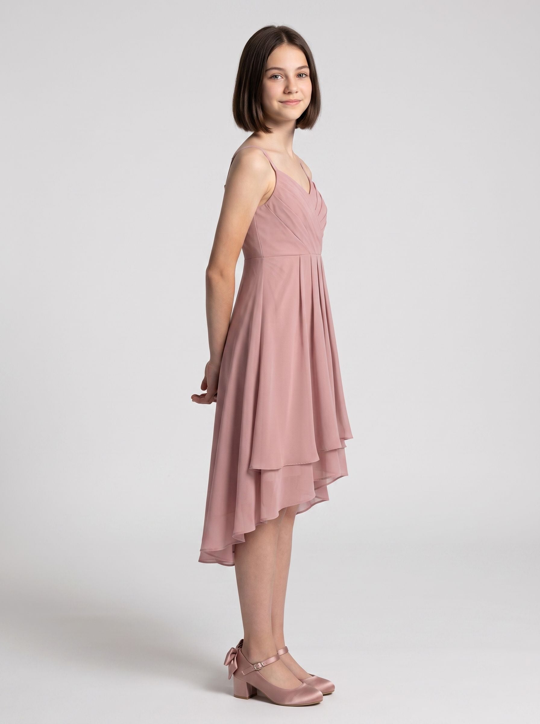 Dusty Rose Chiffon A-Line V-Neck Back Zip Floor-Length Dress with Pleating