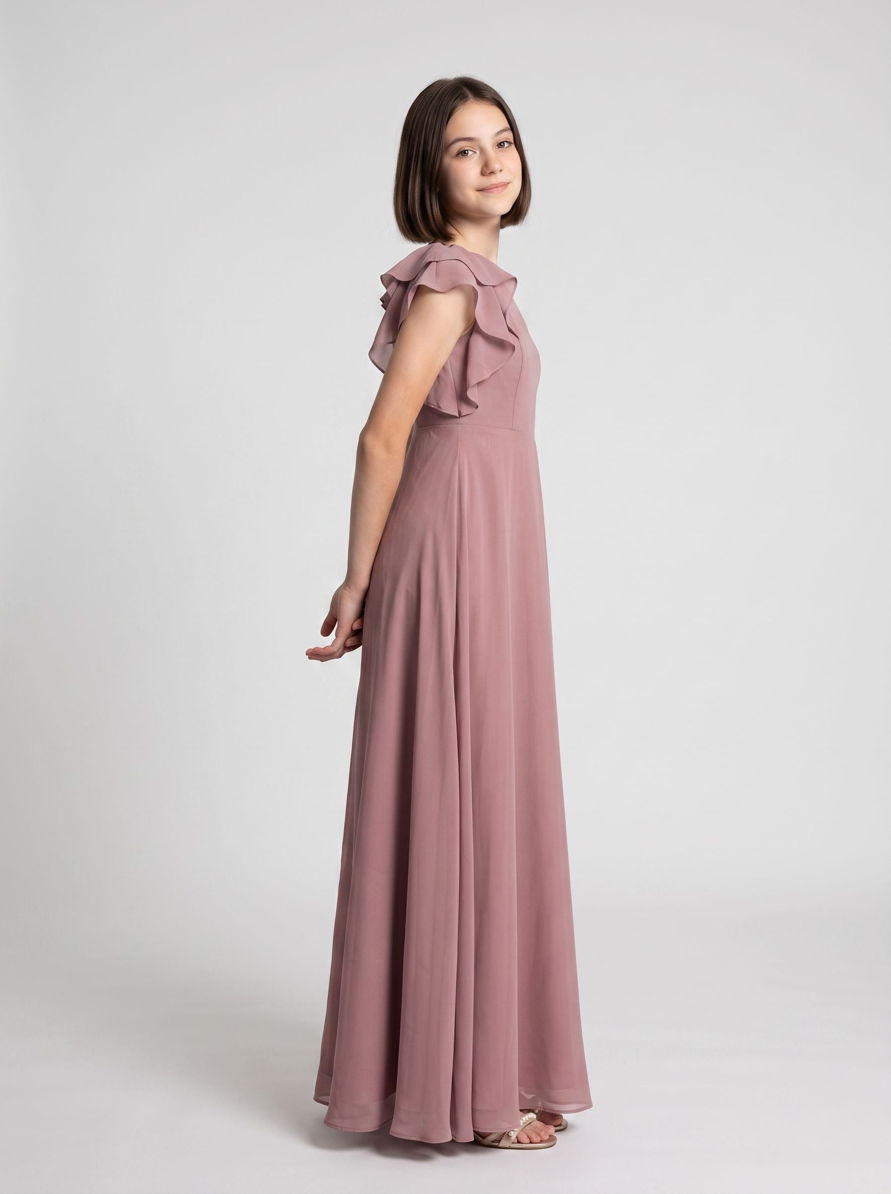 Dusty Rose Chiffon A-Line One Shoulder Back Zip Floor-Length Dress with Pleated Bodice