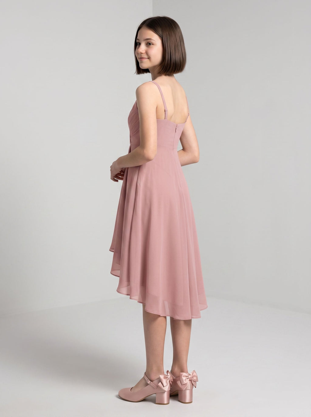 Dusty Rose Chiffon A-Line V-Neck Back Zip Floor-Length Dress with Pleating