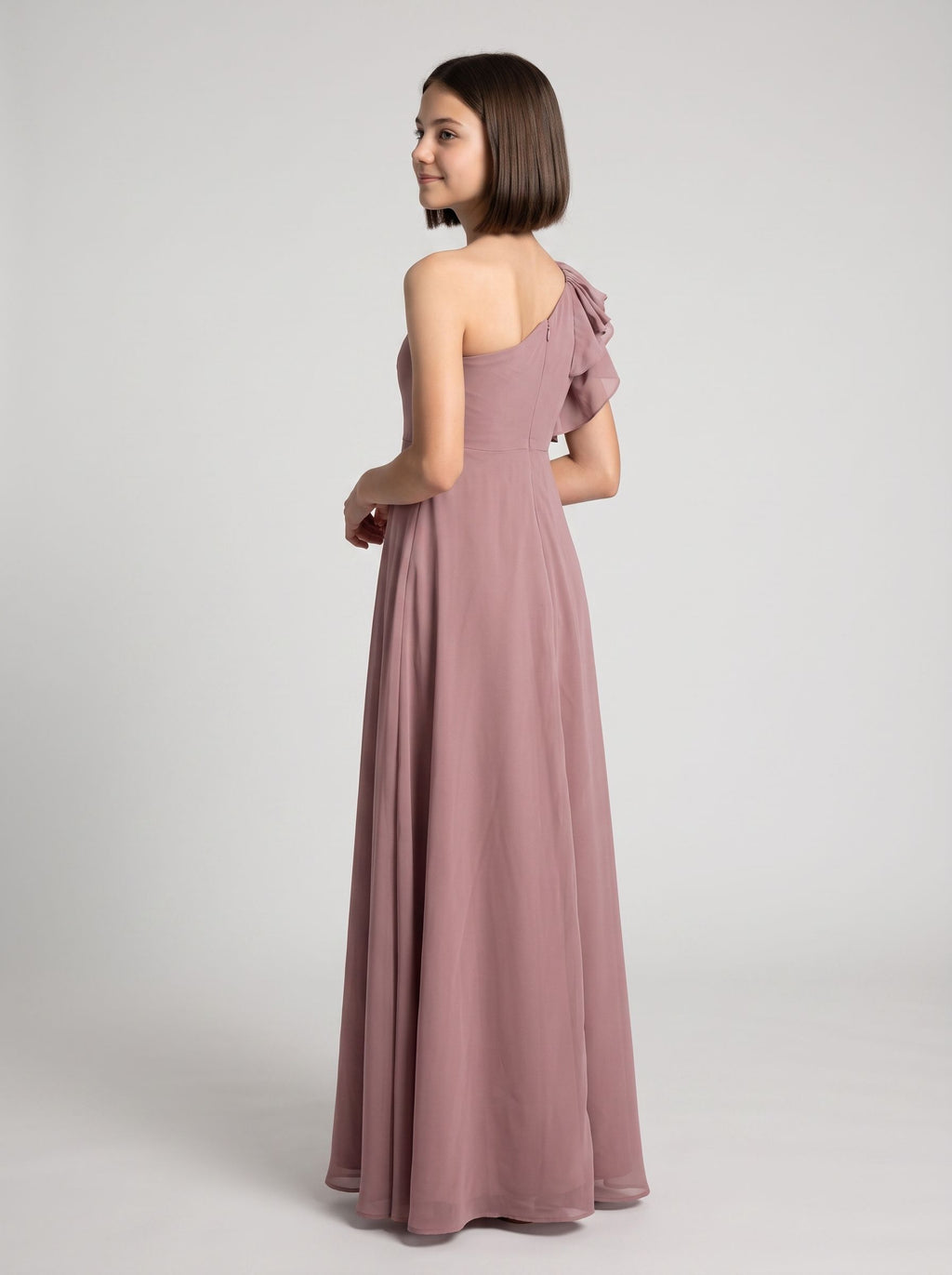 Dusty Rose Chiffon A-Line One Shoulder Back Zip Floor-Length Dress with Pleated Bodice