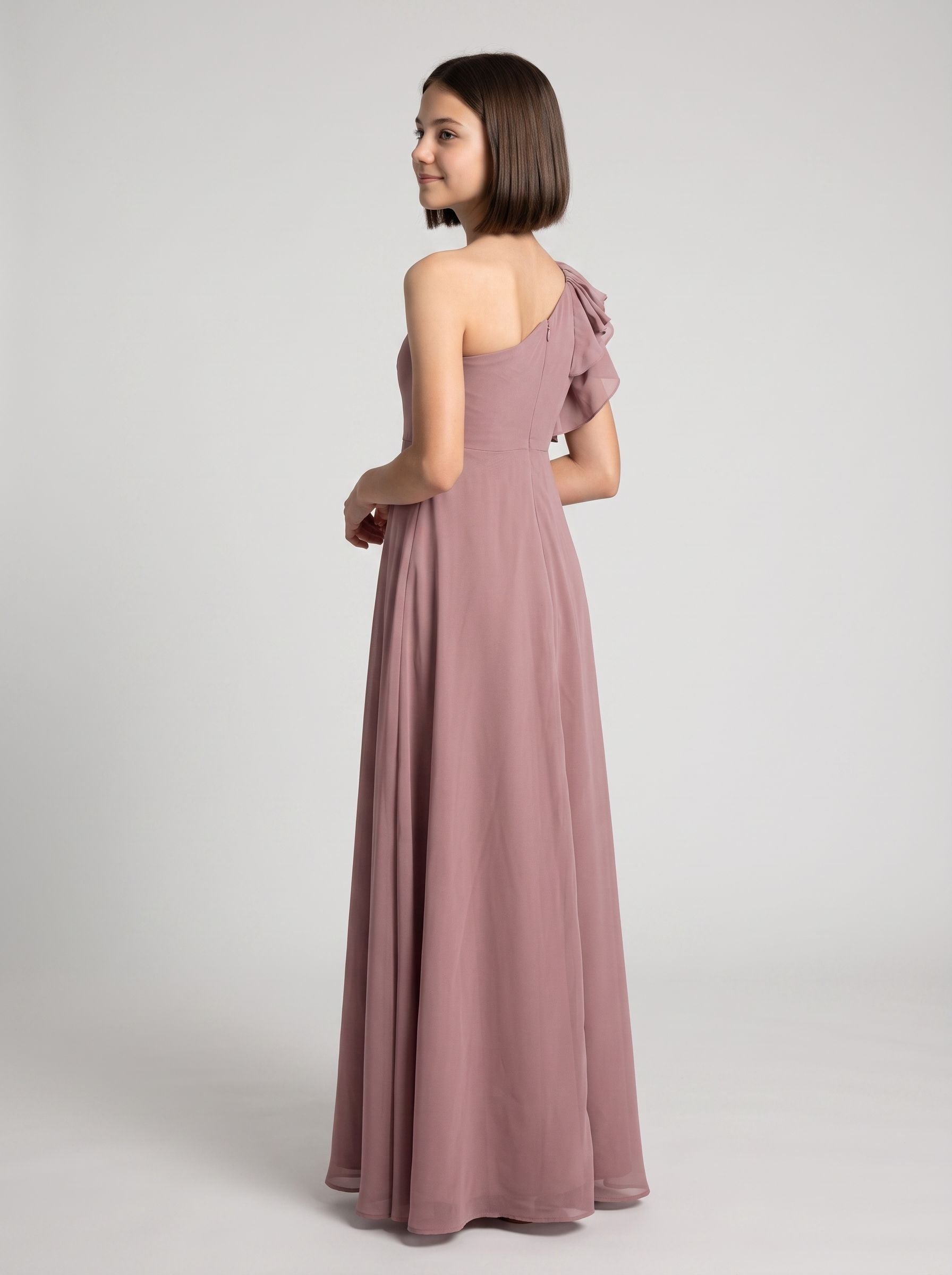 Dusty Rose Chiffon A-Line One Shoulder Back Zip Floor-Length Dress with Pleated Bodice