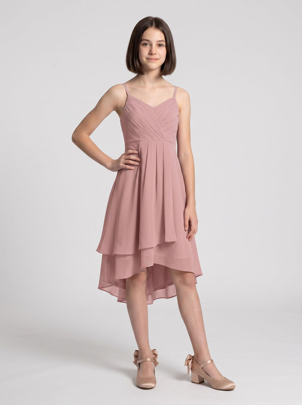Dusty Rose Chiffon A-Line V-Neck Back Zip Floor-Length Dress with Pleating