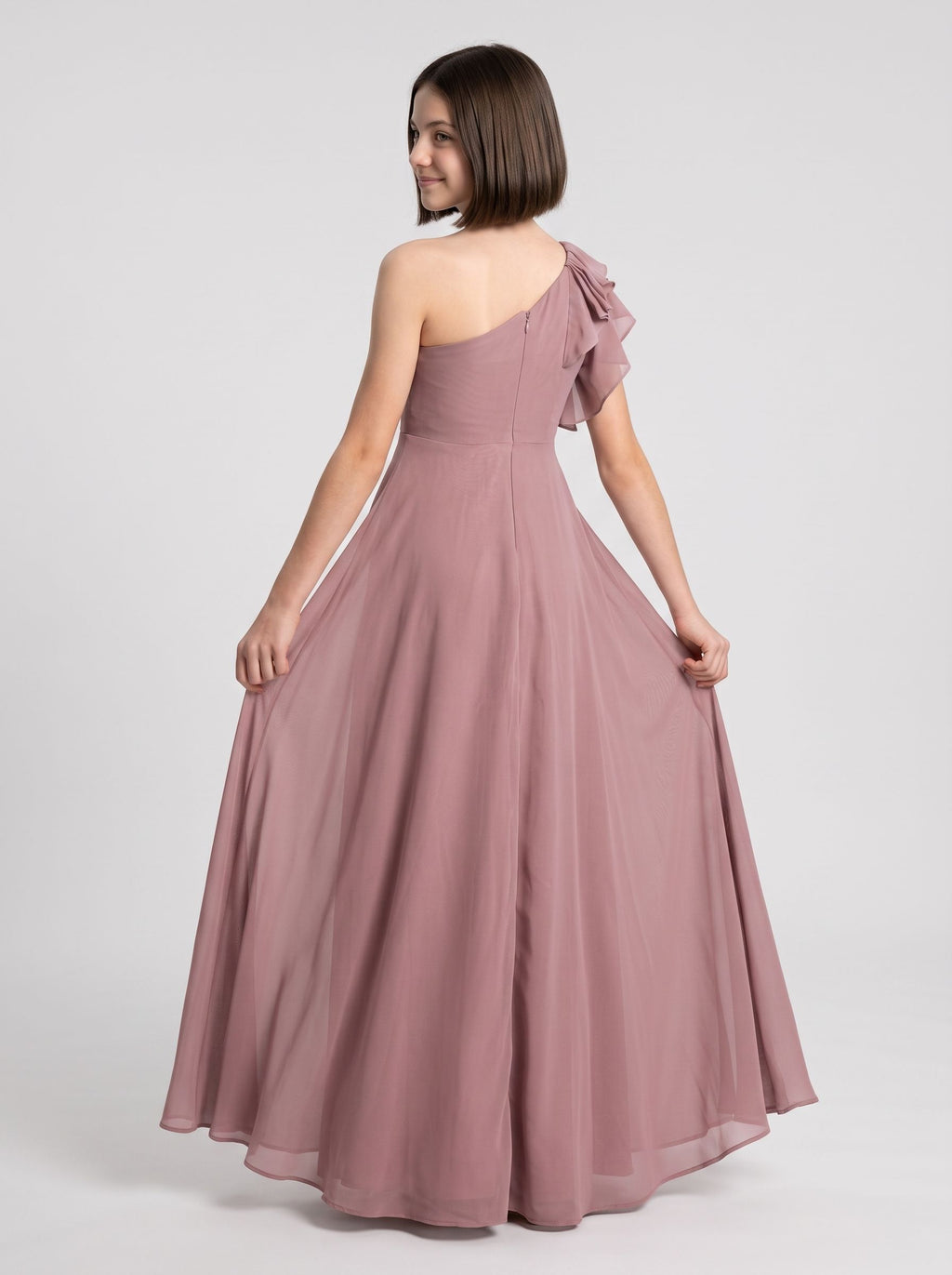 Dusty Rose Chiffon A-Line One Shoulder Back Zip Floor-Length Dress with Pleated Bodice