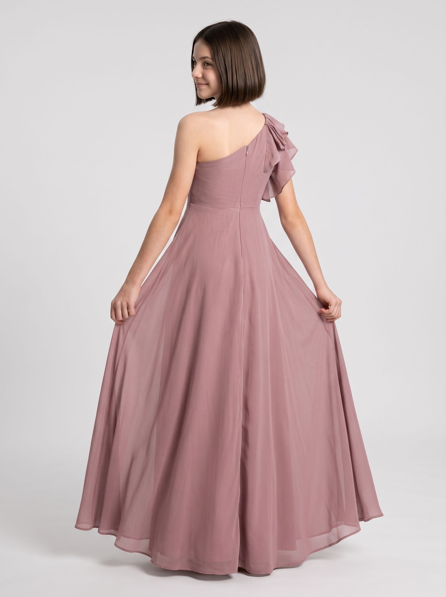 Dusty Rose Chiffon A-Line One Shoulder Back Zip Floor-Length Dress with Pleated Bodice