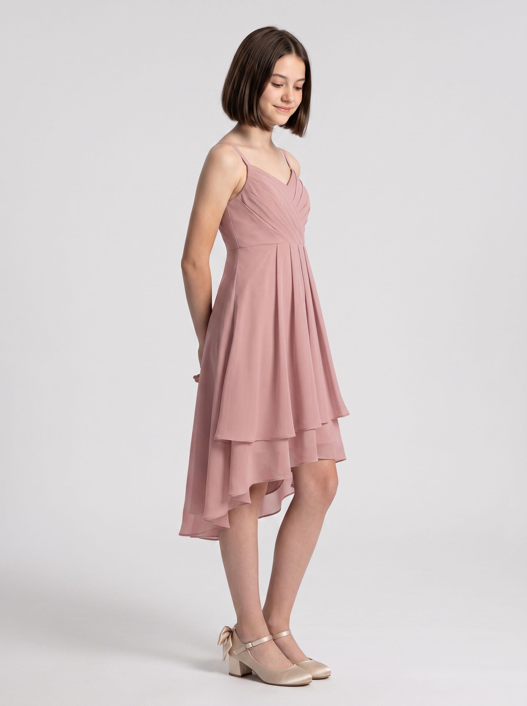 Dusty Rose Chiffon A-Line V-Neck Back Zip Floor-Length Dress with Pleating