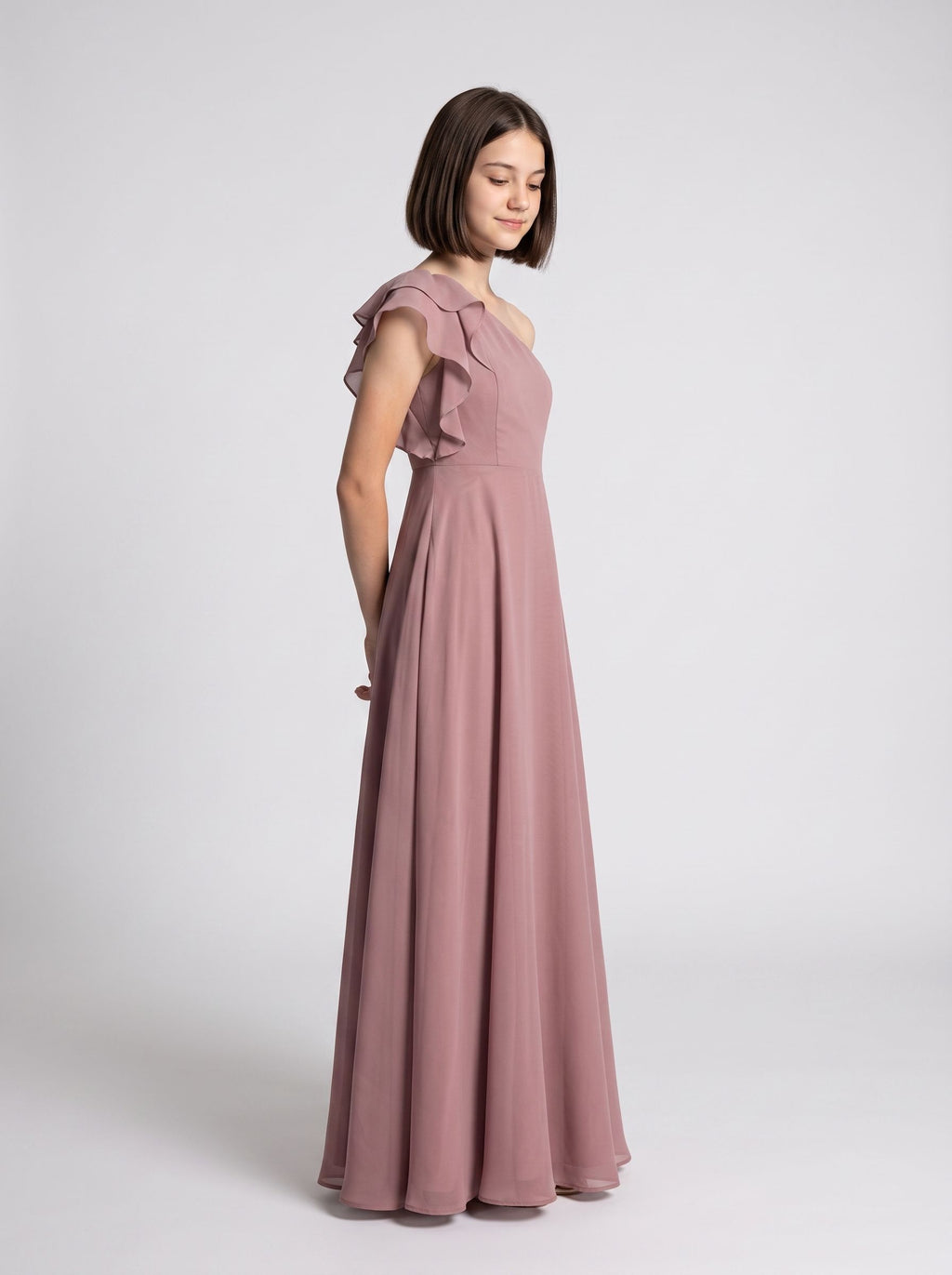 Dusty Rose Chiffon A-Line One Shoulder Back Zip Floor-Length Dress with Pleated Bodice