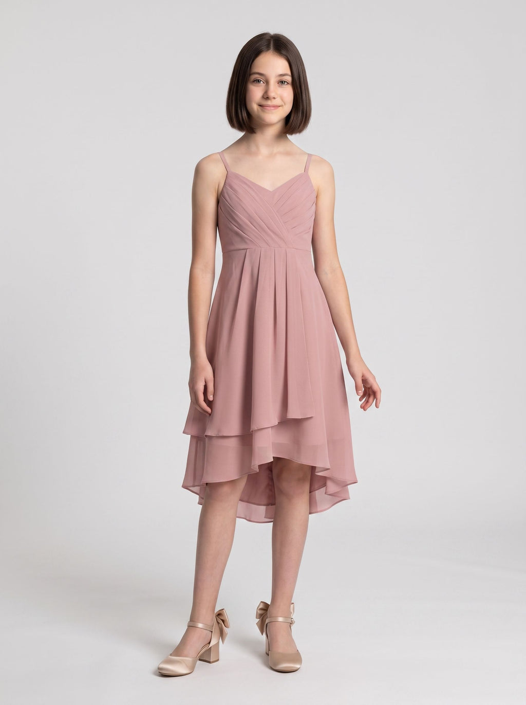 Dusty Rose Chiffon A-Line V-Neck Back Zip Floor-Length Dress with Pleating