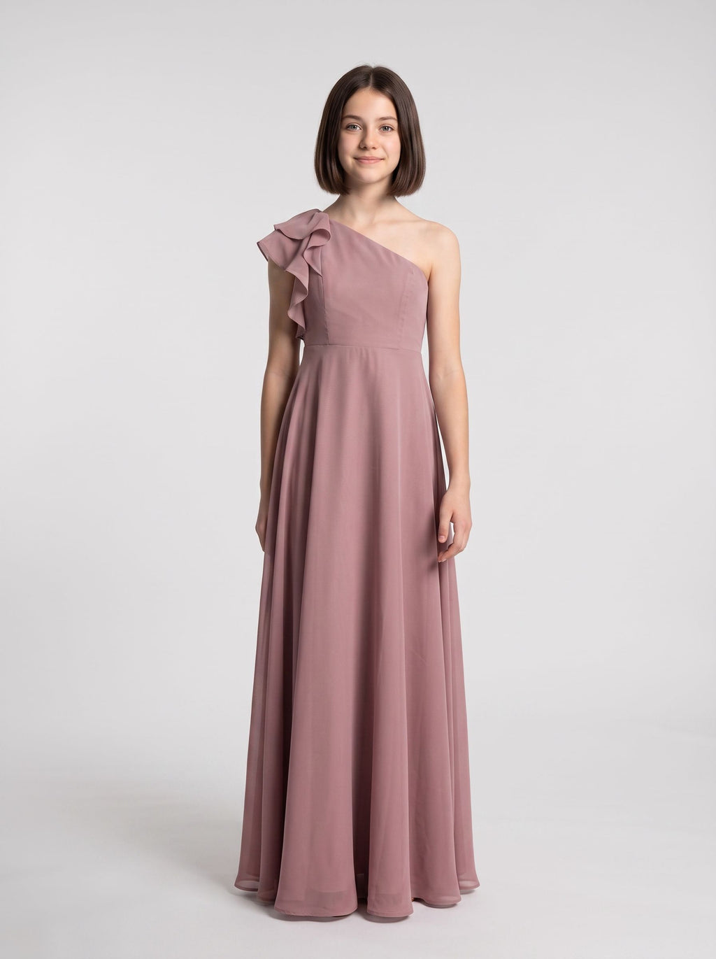 Dusty Rose Chiffon A-Line One Shoulder Back Zip Floor-Length Dress with Pleated Bodice