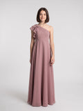 Dusty Rose Chiffon A-Line One Shoulder Back Zip Floor-Length Dress with Pleated Bodice