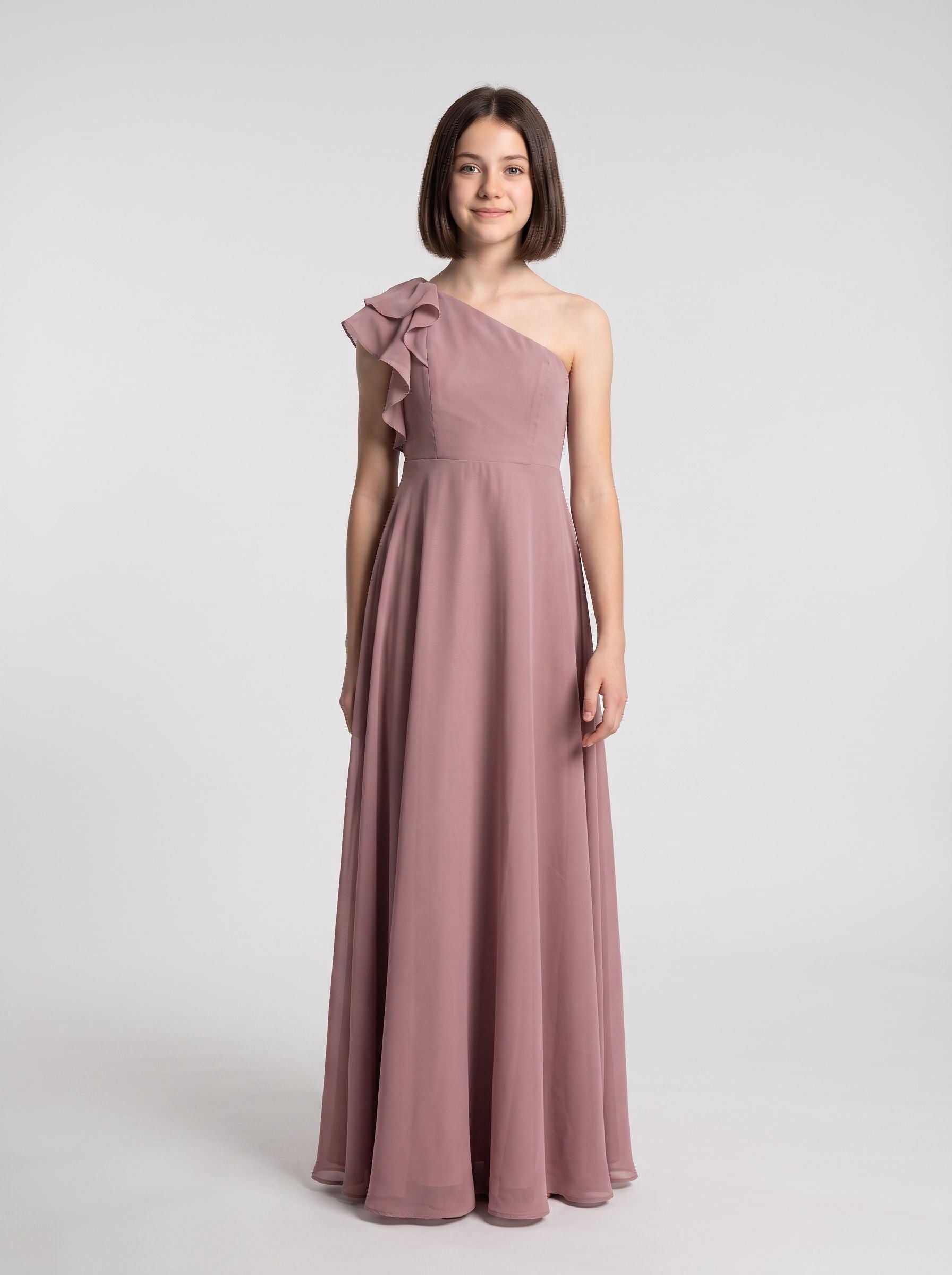 Dusty Rose Chiffon A-Line One Shoulder Back Zip Floor-Length Dress with Pleated Bodice