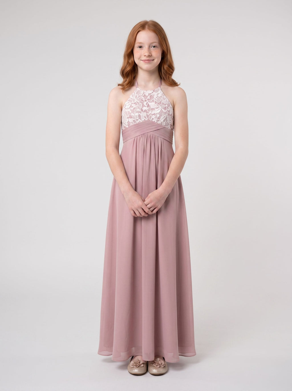 Dusty Rose Chiffon A-Line Halter neckline Back Zip Floor-Length Dress with Pleated Bodice