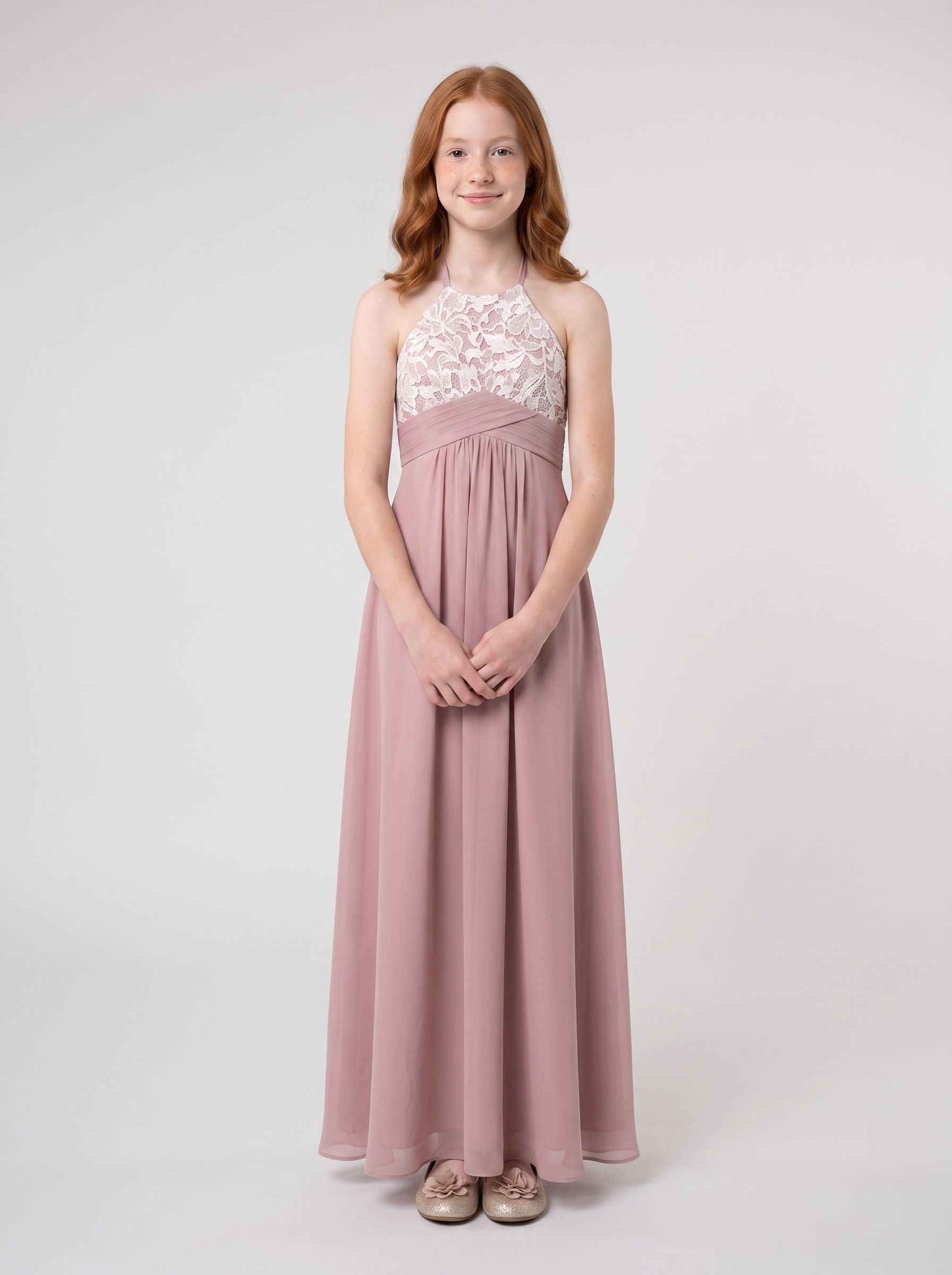 Dusty Rose Chiffon A-Line Halter neckline Back Zip Floor-Length Dress with Pleated Bodice
