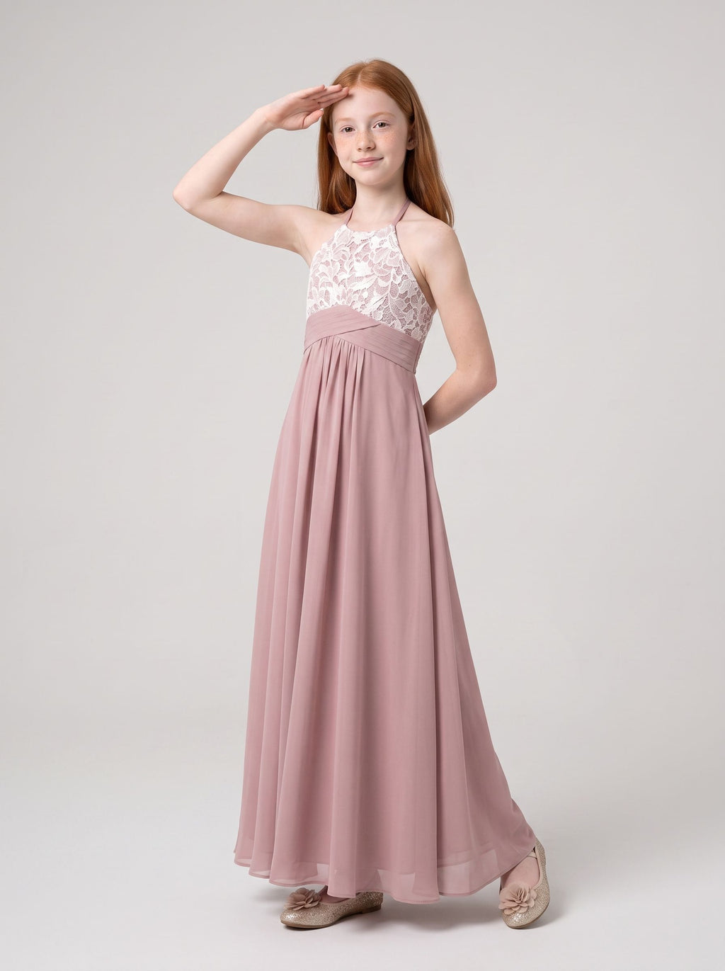 Dusty Rose Chiffon A-Line Halter neckline Back Zip Floor-Length Dress with Pleated Bodice