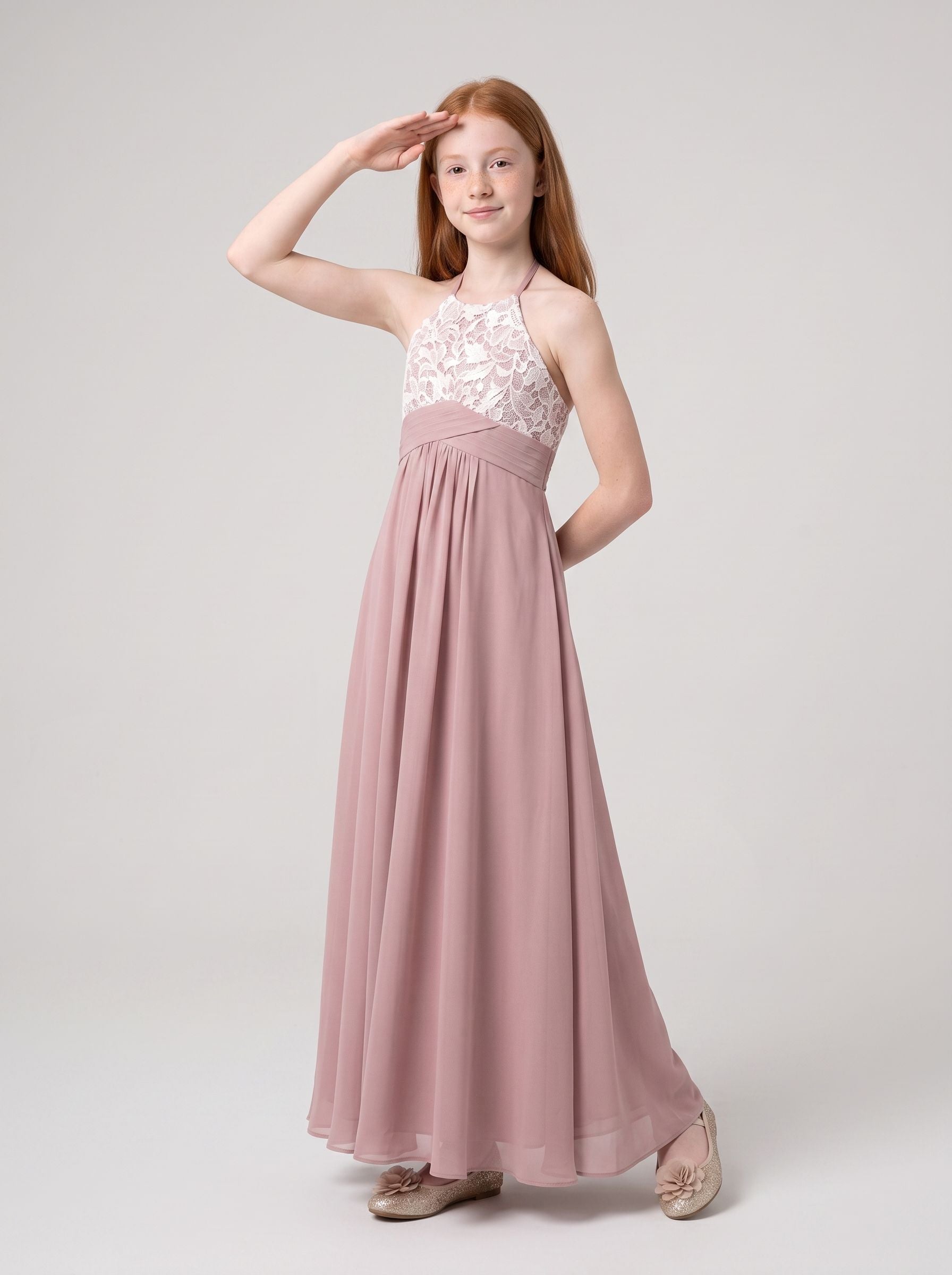 Dusty Rose Chiffon A-Line Halter neckline Back Zip Floor-Length Dress with Pleated Bodice