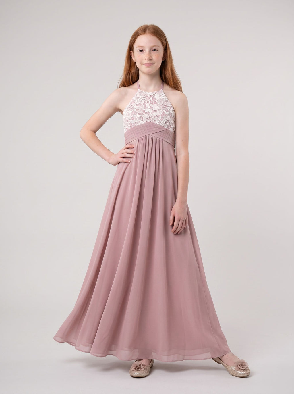 Dusty Rose Chiffon A-Line Halter neckline Back Zip Floor-Length Dress with Pleated Bodice