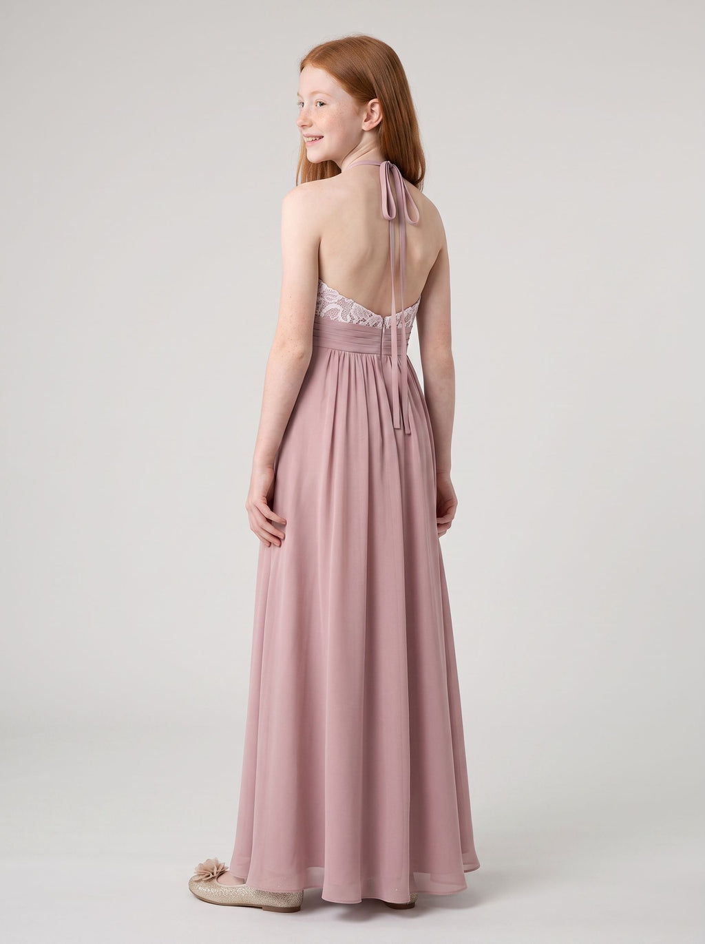 Dusty Rose Chiffon A-Line Halter neckline Back Zip Floor-Length Dress with Pleated Bodice