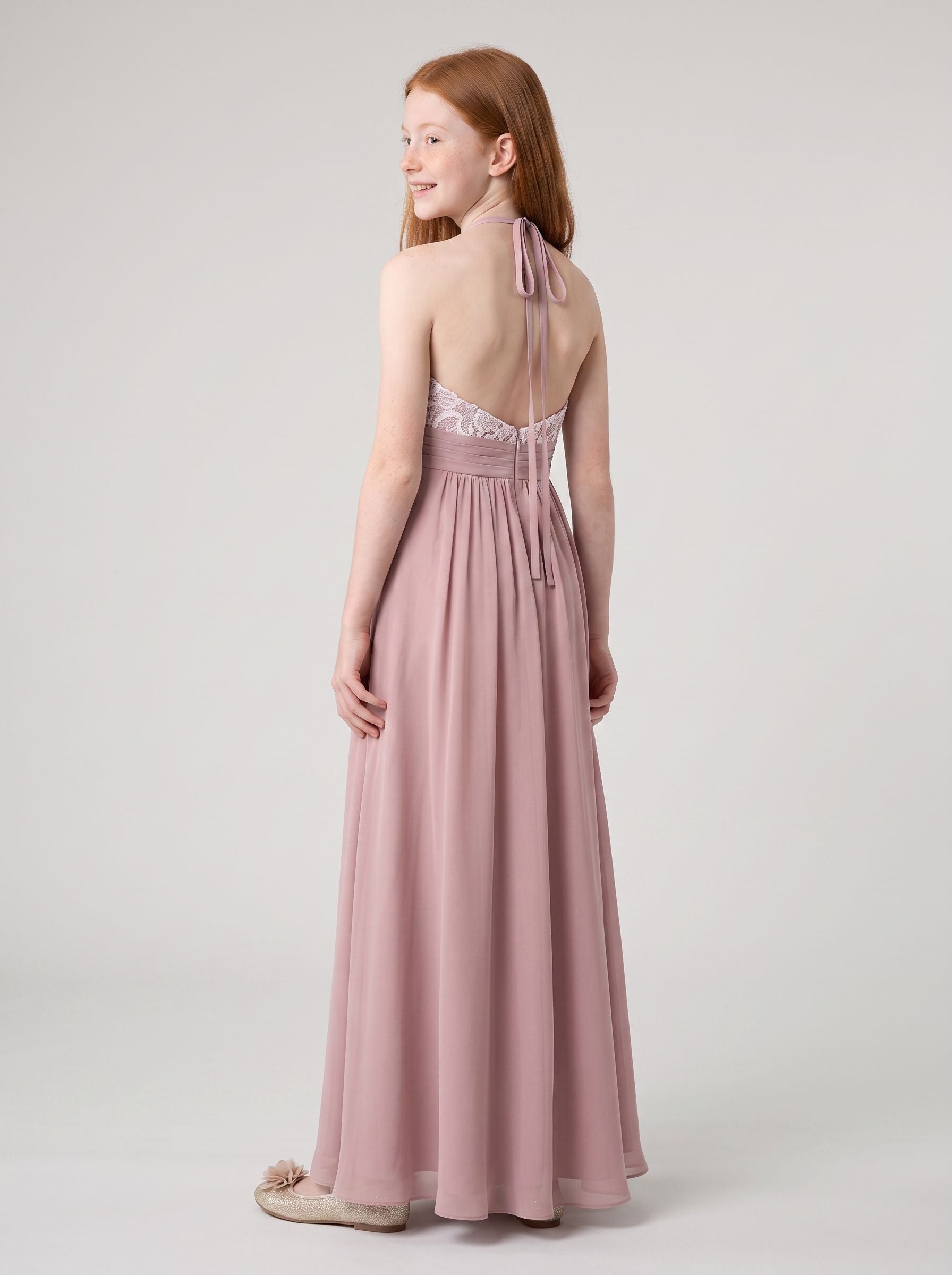Dusty Rose Chiffon A-Line Halter neckline Back Zip Floor-Length Dress with Pleated Bodice