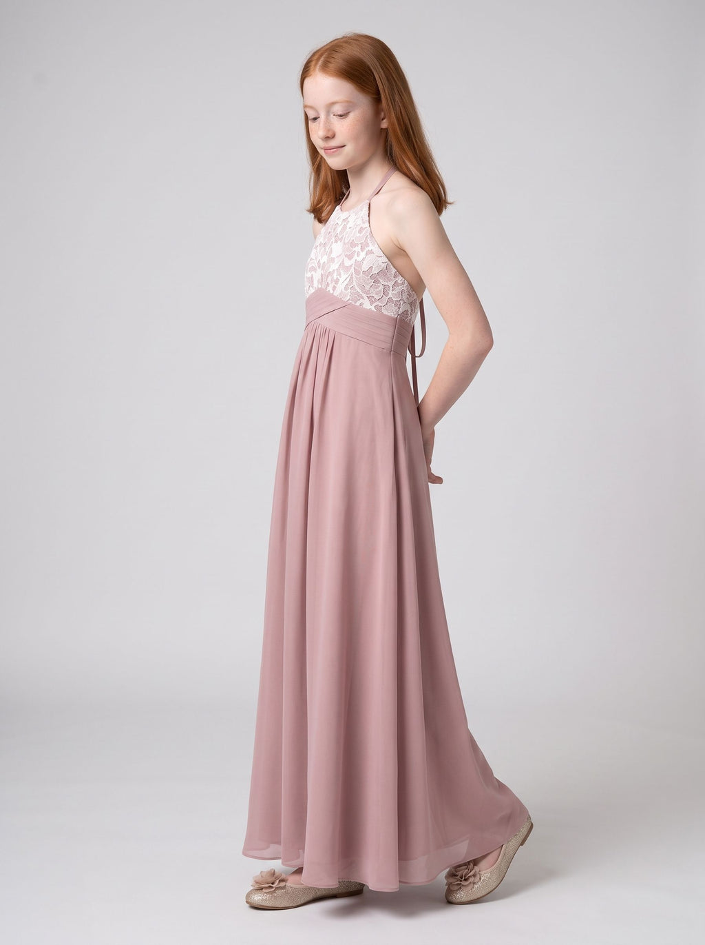 Dusty Rose Chiffon A-Line Halter neckline Back Zip Floor-Length Dress with Pleated Bodice