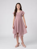 Dusty Rose Chiffon A-Line V-Neck Back Zip Knee-Length Dress with Pleated Bodice