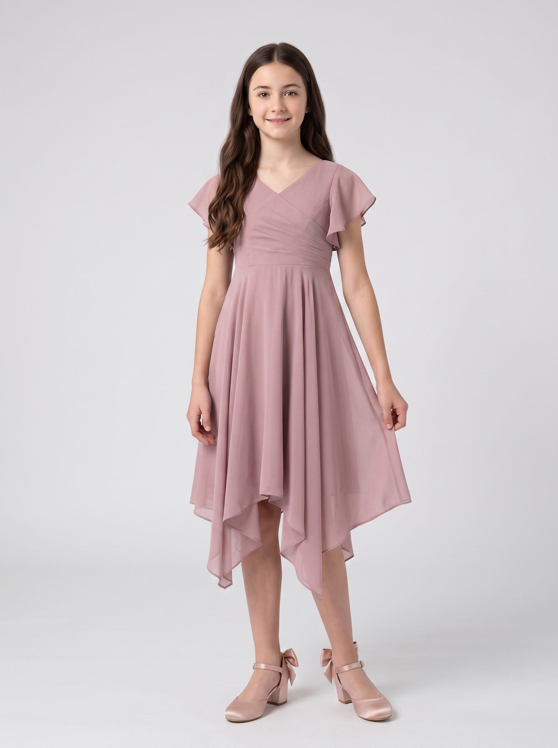 Dusty Rose Chiffon A-Line V-Neck Back Zip Knee-Length Dress with Pleated Bodice